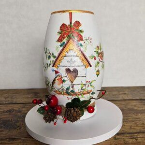 Christmas Glass Vase, Holiday Birds & Bird House Holly Berries, Gold trim 7"